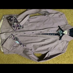 Purple and white striped shirt with paisley cuffs.
